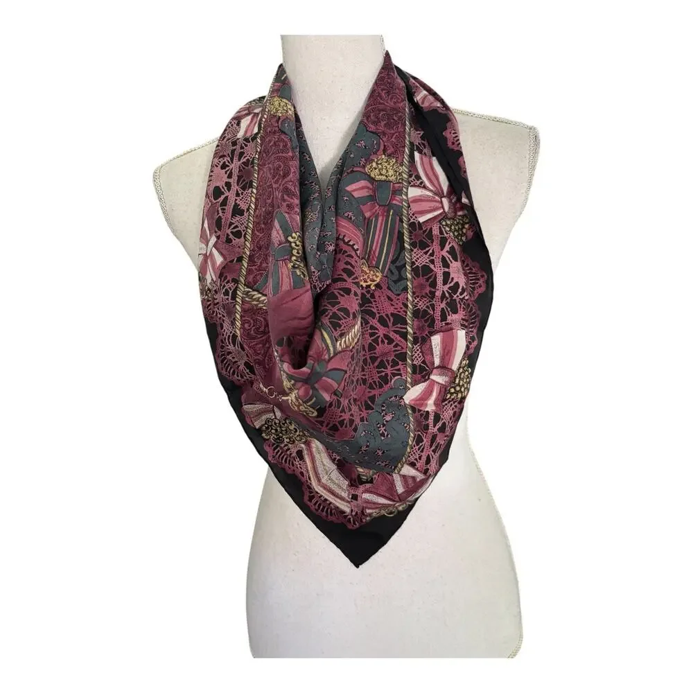 1980s EXPRESS Compagnie Internationale Silk Scarf Pink Black 33” Square Vintage
